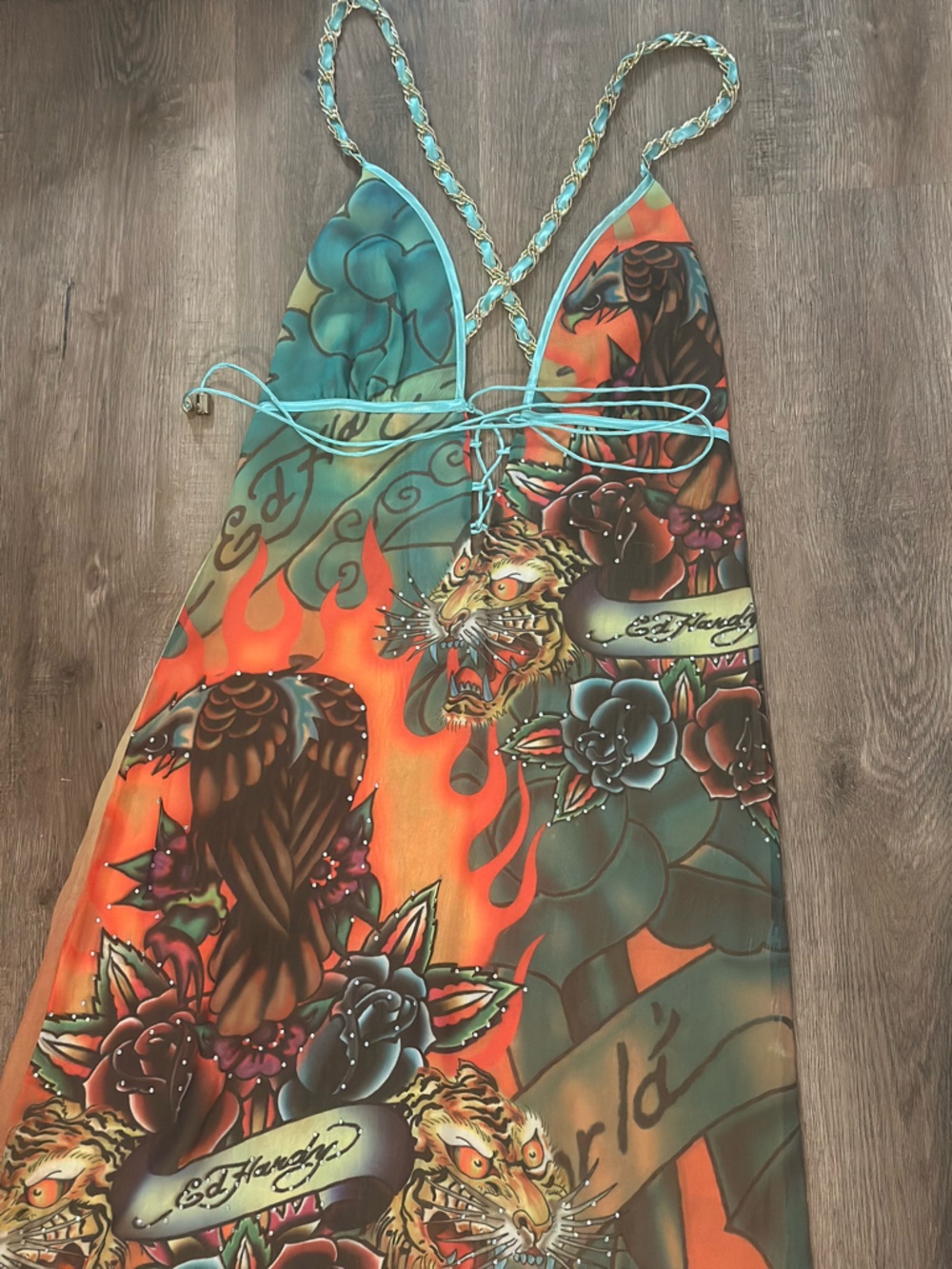 Ed Hardy by Christian Audigier Rhinestone Ombré Chiffon Halter Maxi Dress